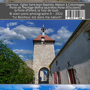 Le marque-page de la cité médiévale de Charroux dans l'Allier, ici le recto en couleur. Format 5,5cm x 21cm.