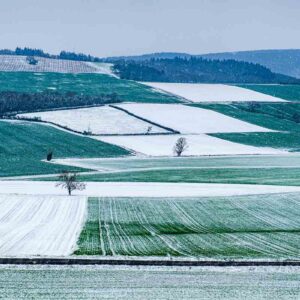 Photographie de champs agricoles verts sous la neige à Charroux, Allier,