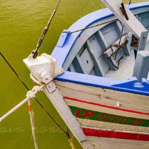Photographie de la proue d'un bateau en Charentes, eau verte et contrastes, lignes de force avec les bouts.