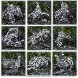 Photographies de jets d'eau qui prennent des formes d'elfe, de troll, de farfadet, de lutin, de korrigan. Apparitions de créatures, imaginaires.