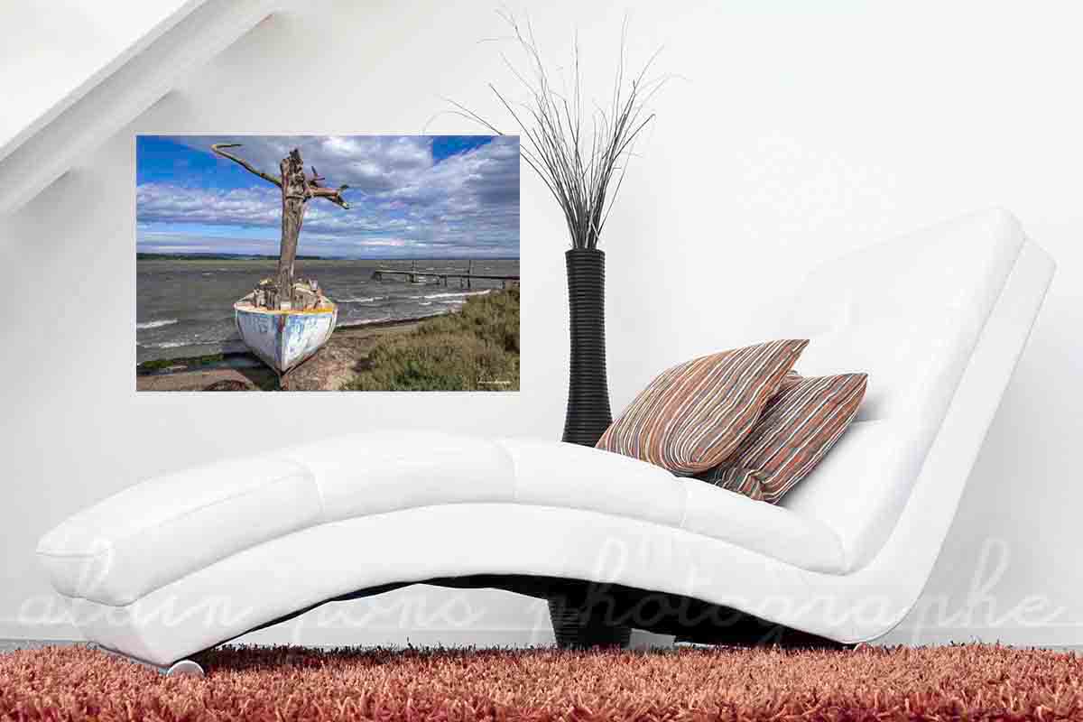 Photographie d'un bateau, un canot avec un mât en tronc d'arbre au bord d'un étang dans les Corbières. Ici présenté en simulation de décoration dans un salon. Version couleur.