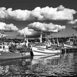Photographie noir et blanc des bateaux de pêche à Concarneau. Une belle flottille artisanale et industrielle.