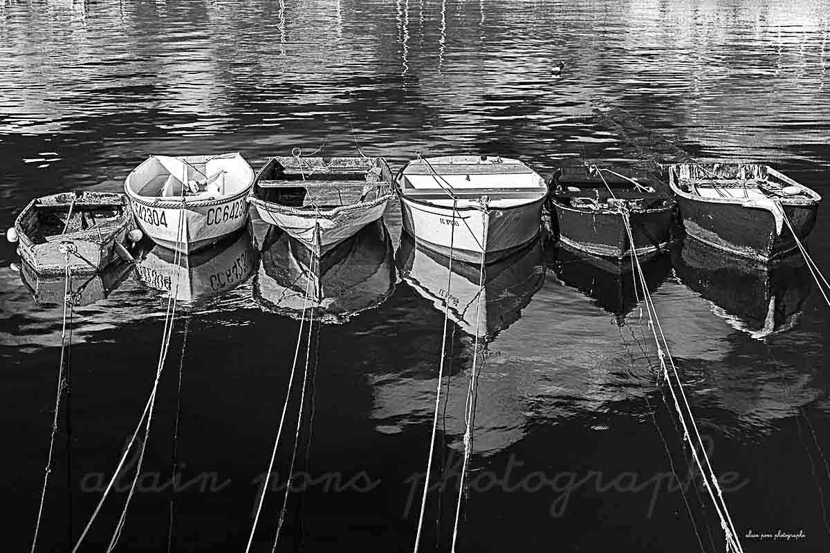 Photographie de 6 canots, aussi nommés annexes, dans le port de Concarneau, photographie en noir et blanc.