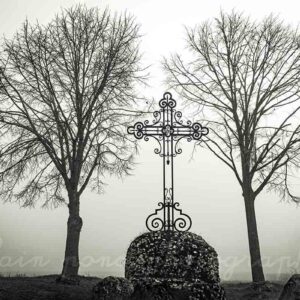 photographie de la croix entre deux arbres à Charroux, dans le brouillard, en noir et blanc, alain pons photographe