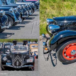 Photographie montage d'automobiles Citroën Traction Avant, le 11 mai 2024, anniversaire des 90 ans de ce véhicule à Charade, Puy-de-Dôme.