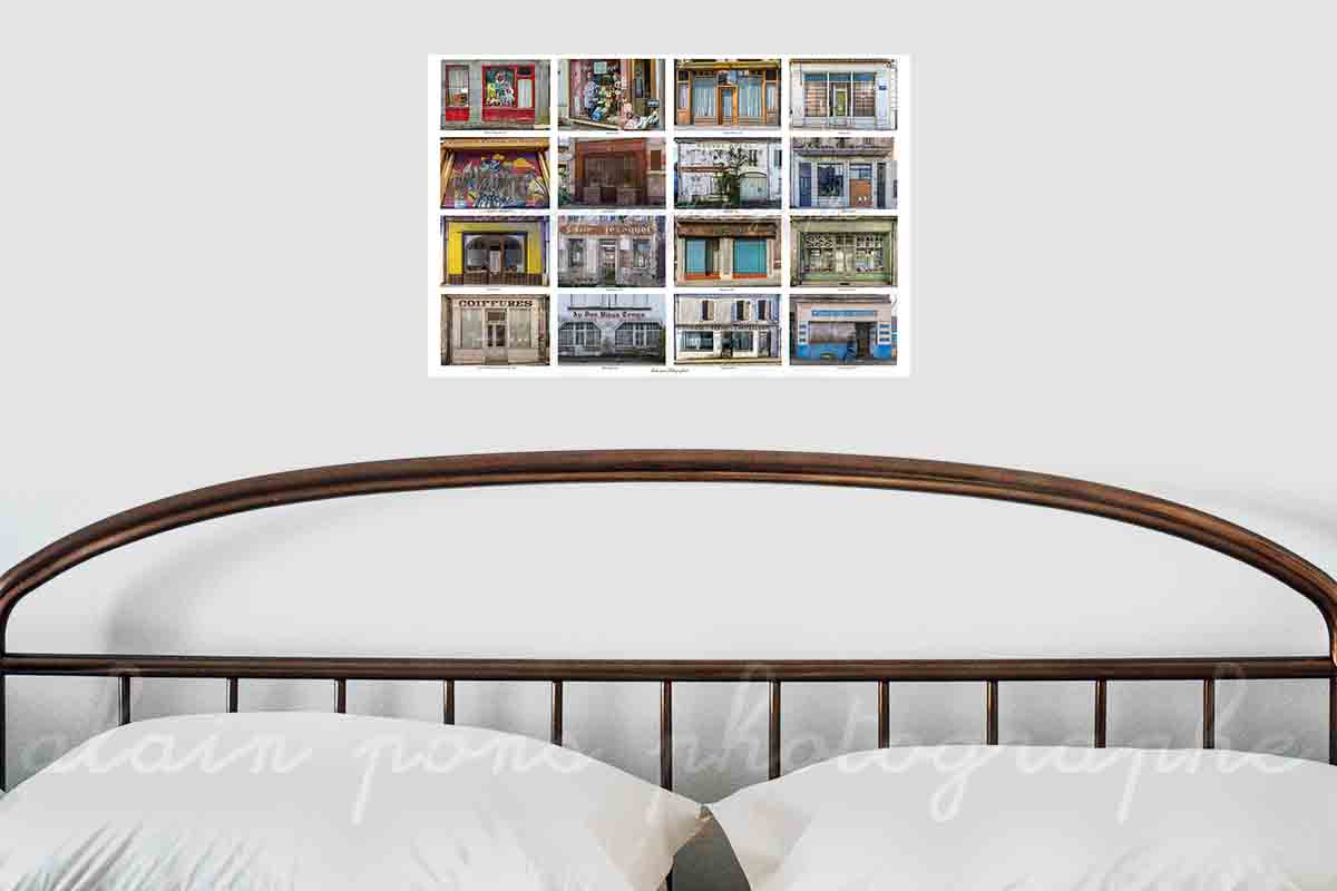 photographie montage d'anciens magasins vitrines fermés en France. Ici présentée en décoration dans une chambre.
