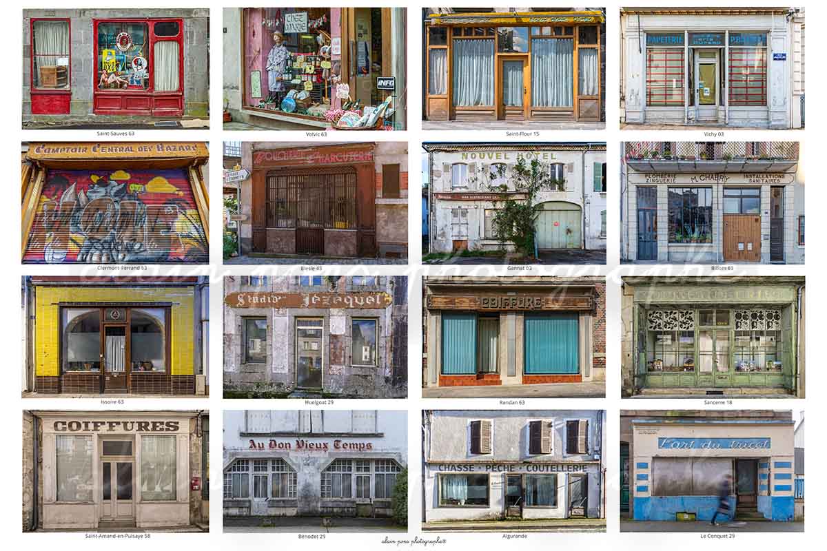 photographie montage d'anciens magasins vitrines fermés en France.