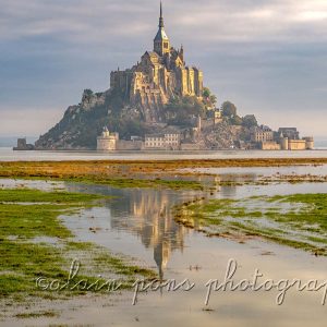 photographie du Mont-Saint-Michel au lever de soleil avec une grande marée. verticale