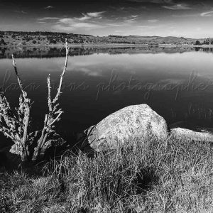photographie lac du Pêcher dans le Cantal en noir et blanc.