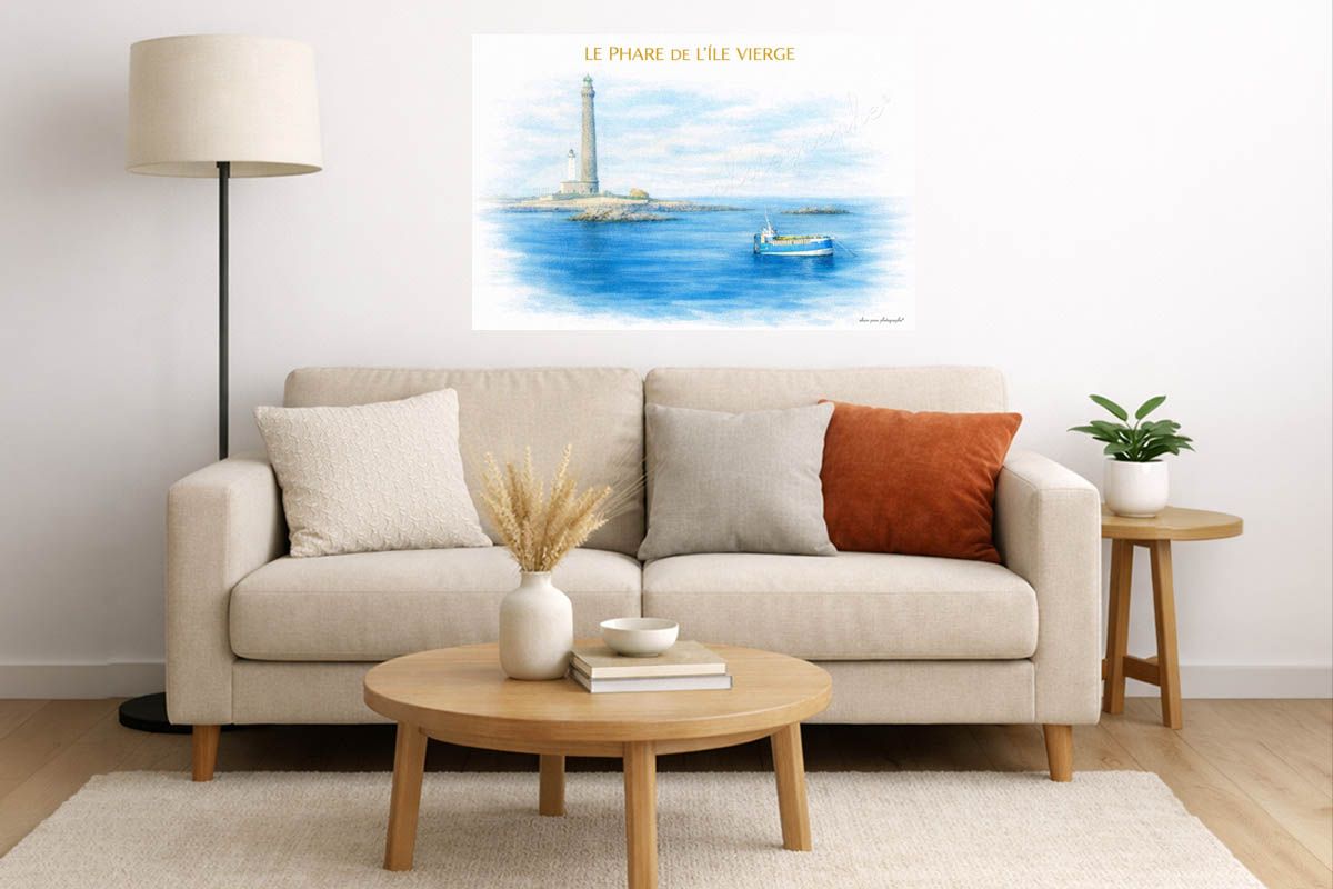 Affiche Le Phare de l'Île Vierge à Plougerneau, en décoration dans un salon