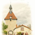 Affiche vintage porte d'occident, beffroi, tour de l'horloge, Charroux