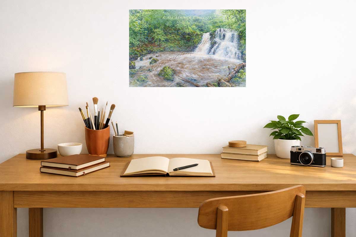 affiche vintage cascades de Chiloza massif du Sancy, ici en décoration dans un bureau