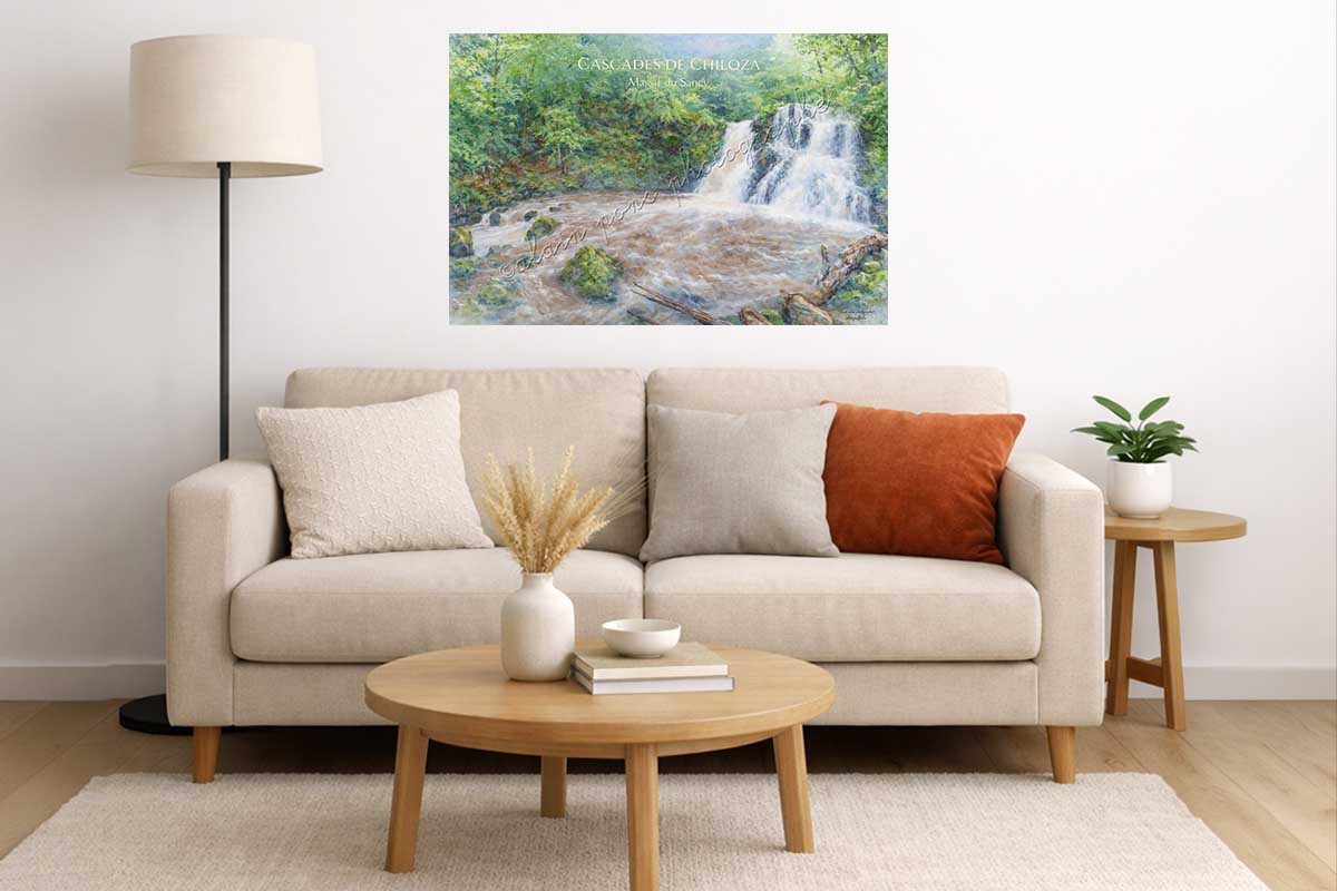 affiche vintage cascades de Chiloza massif du Sancy, ici en décoration dans un salon