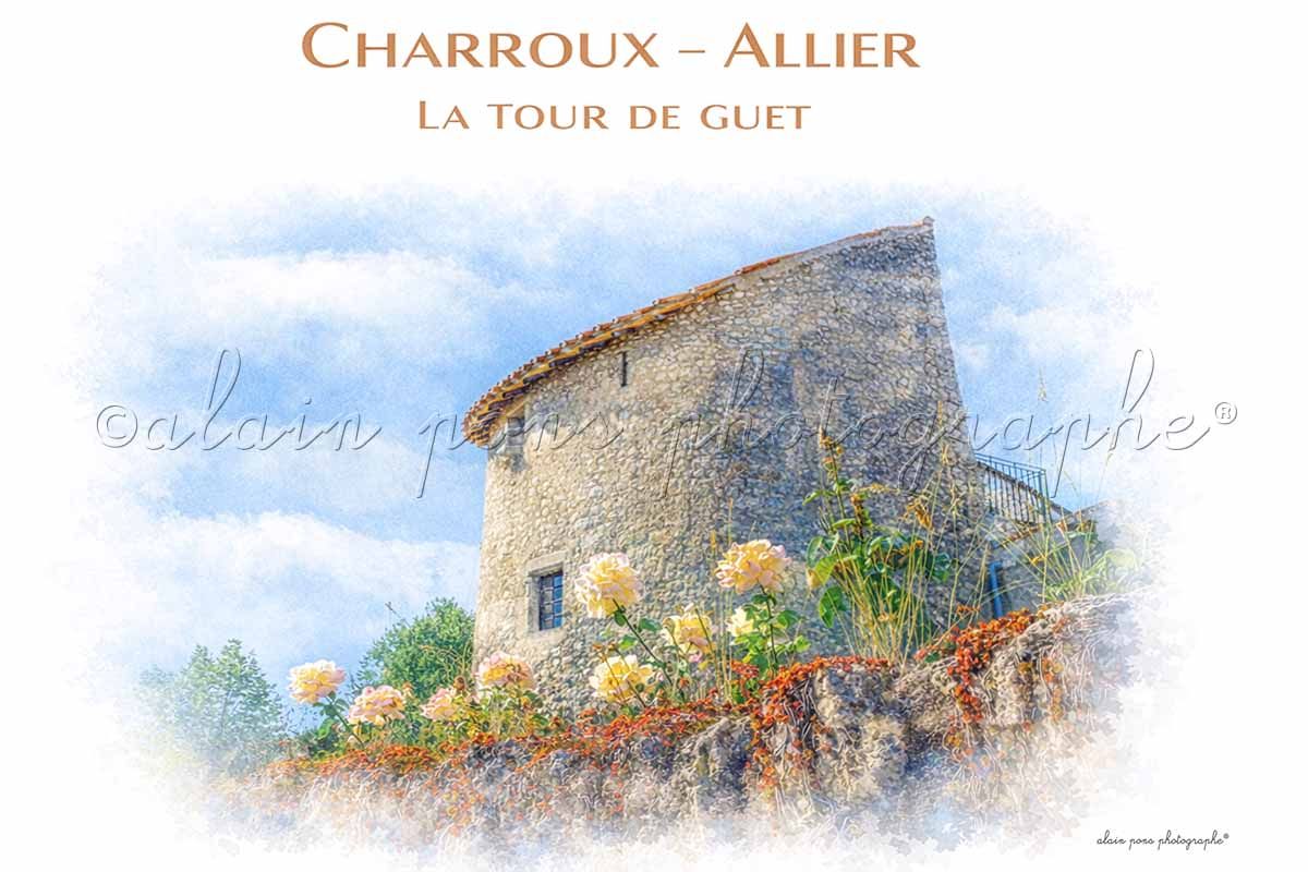 Affiche vintage en couleur la tour de Guet Charroux Allier