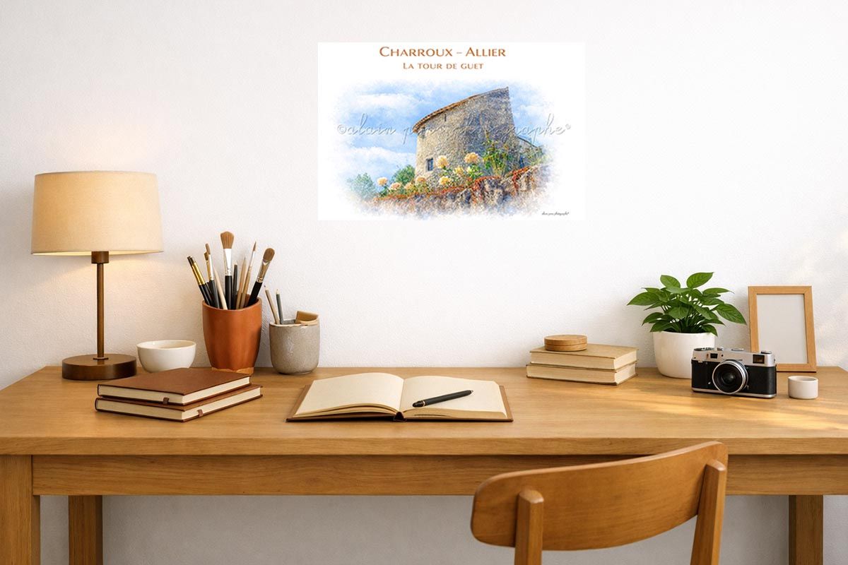 Affiche vintage en couleur la tour de Guet Charroux Allier, ici présentée dans un bureau