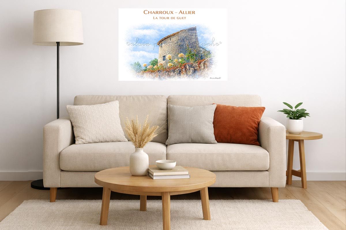 Affiche vintage en couleur la tour de Guet Charroux Allier, ici présentée dans un salon
