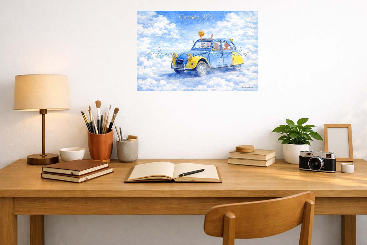 Affiche Vintage Citroën 2CV comme dans un rêve, présentée ici en décoration dans un bureau.