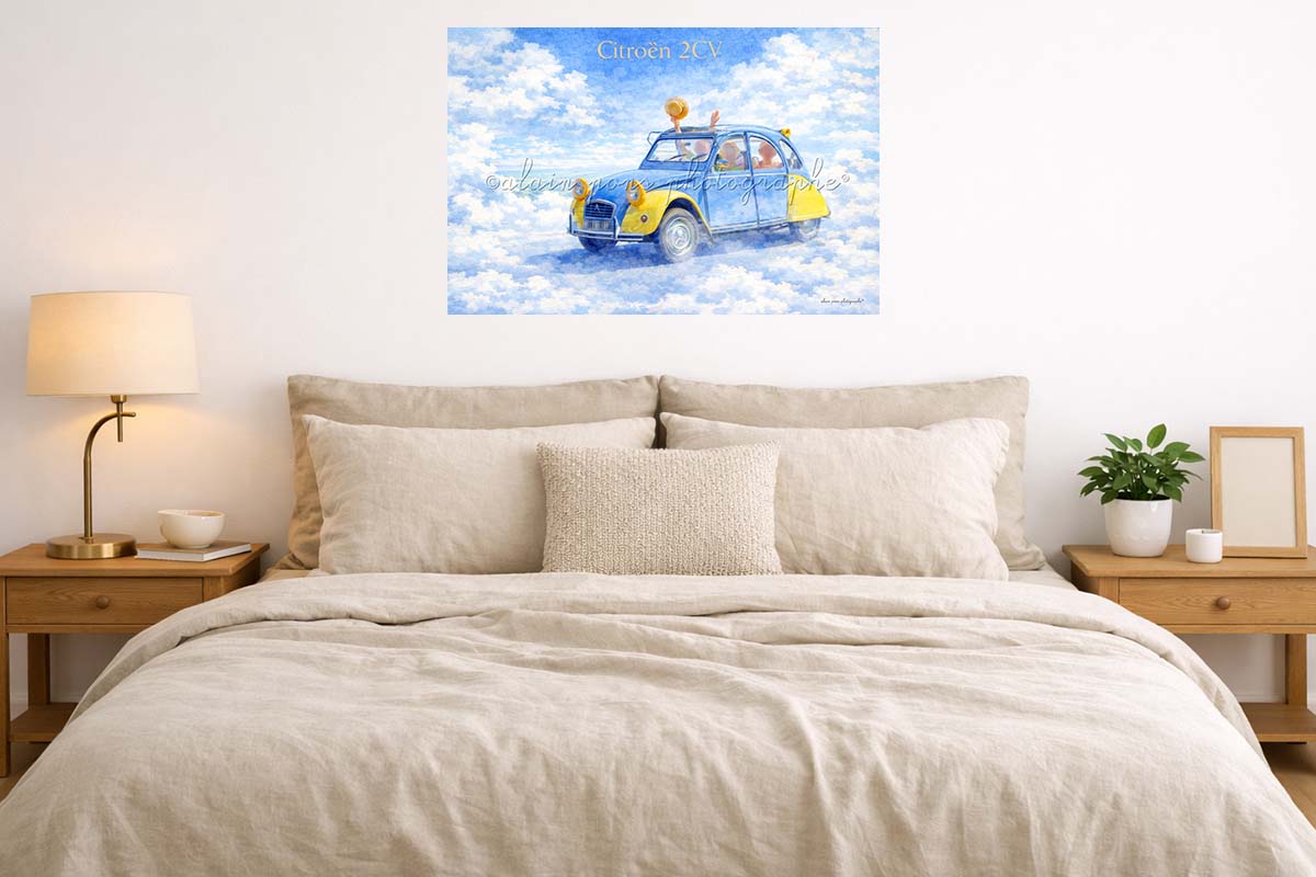 Affiche Vintage Citroën 2CV comme dans un rêve, présentée ici en décoration dans une chambre.