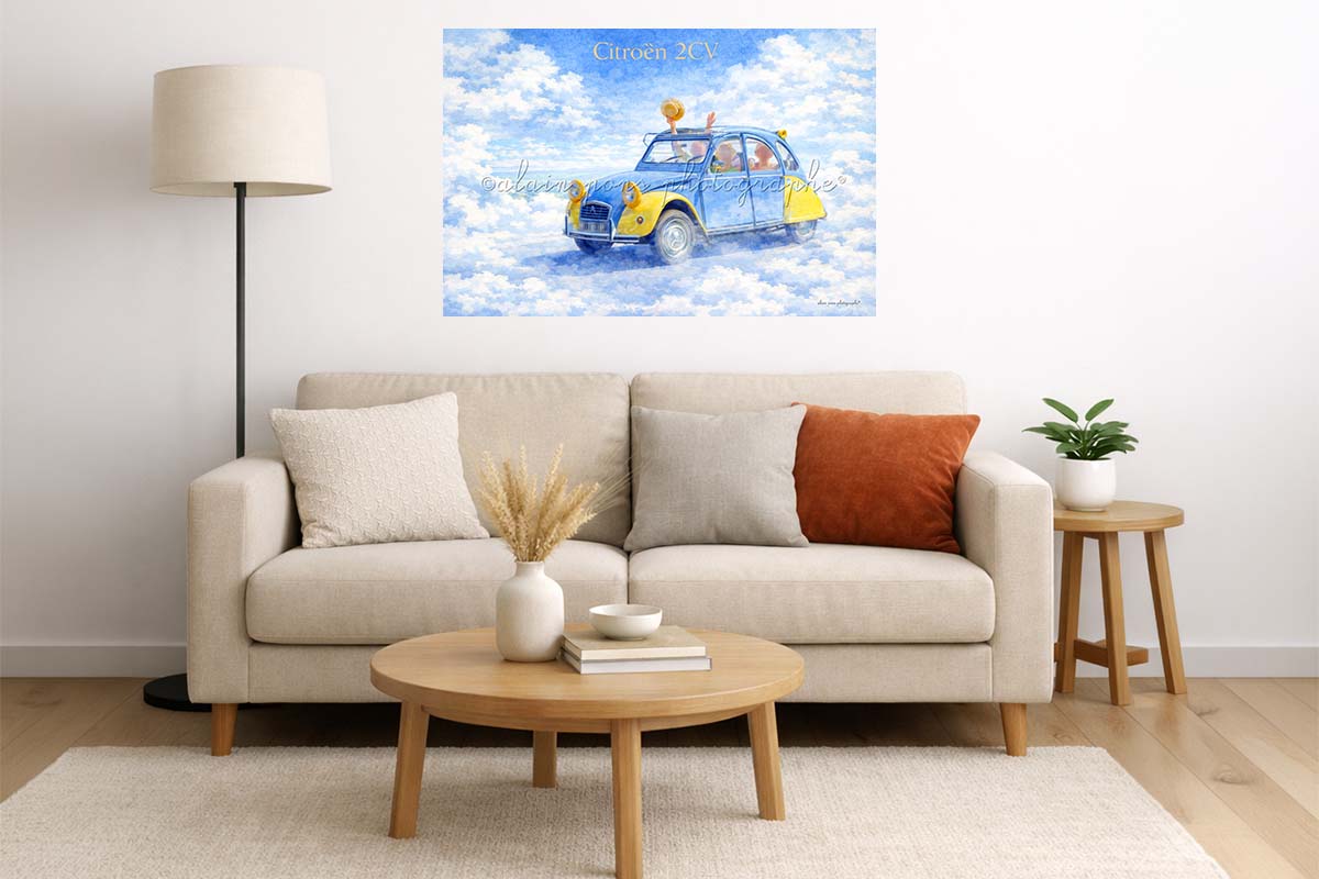 Affiche Vintage Citroën 2CV comme dans un rêve, présentée ici en décoration dans un salon
