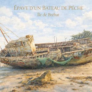affiche vintage épave d'un bateau de pêche à l'île de Bréhat.