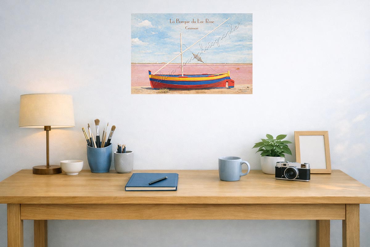 Affiche vintage La barque du Lac Rose Gruissan, présentée ici en idée de décoration dans un bureau