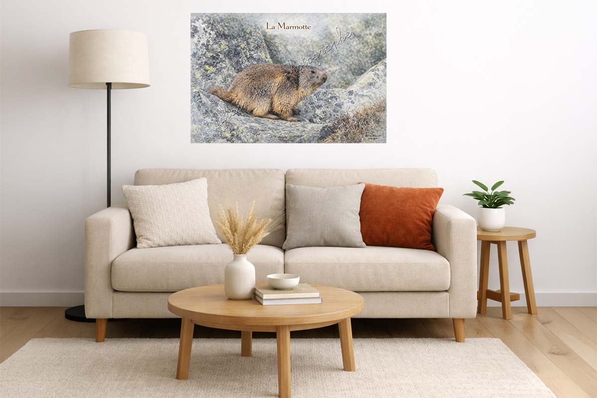 Affiche Vintage La Marmotte en salon, présentée ici accrochée au mur au dessus du canapé.