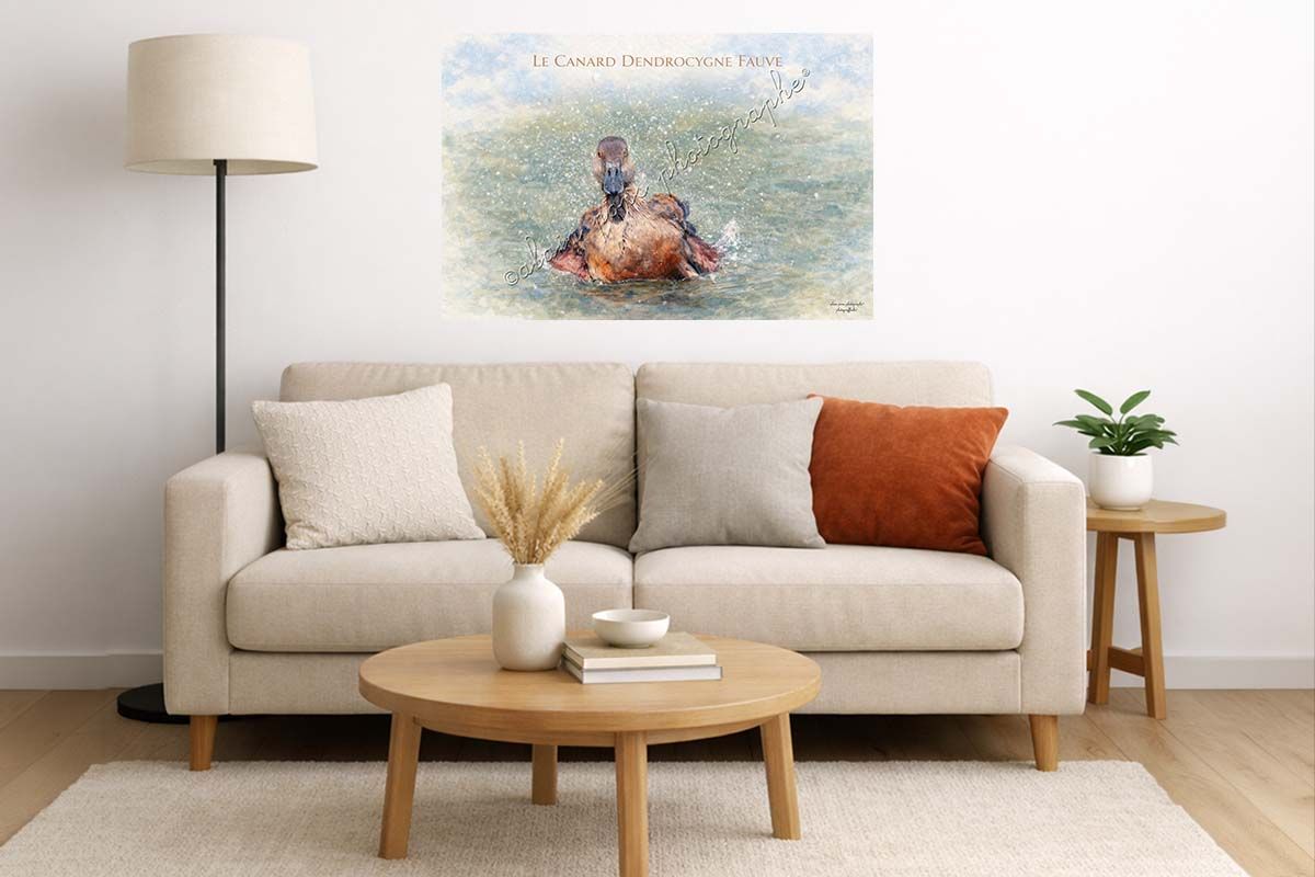 affiche vintage le canard dendrocygne fauve dans un salon en décoration
