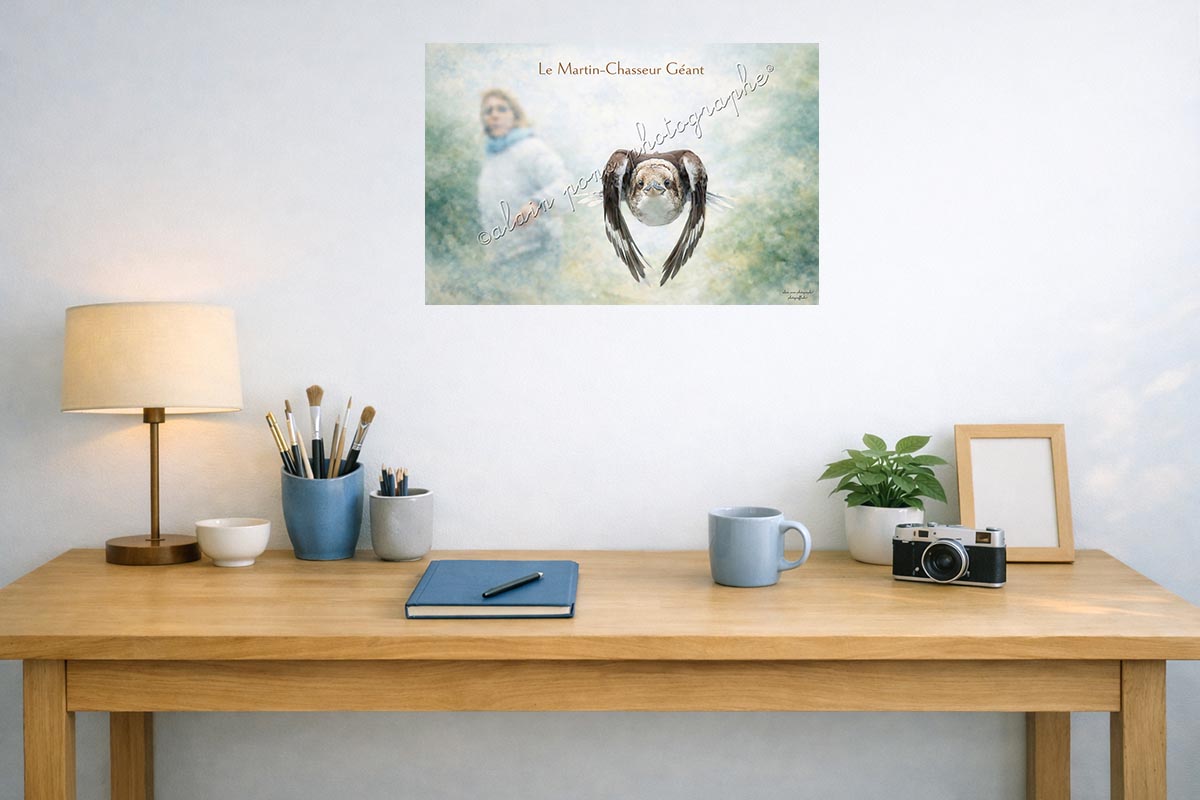 Affiche Vintage Le Martin-Chasseur Géant, ici présentée en suggestion de décoration dans un bureau