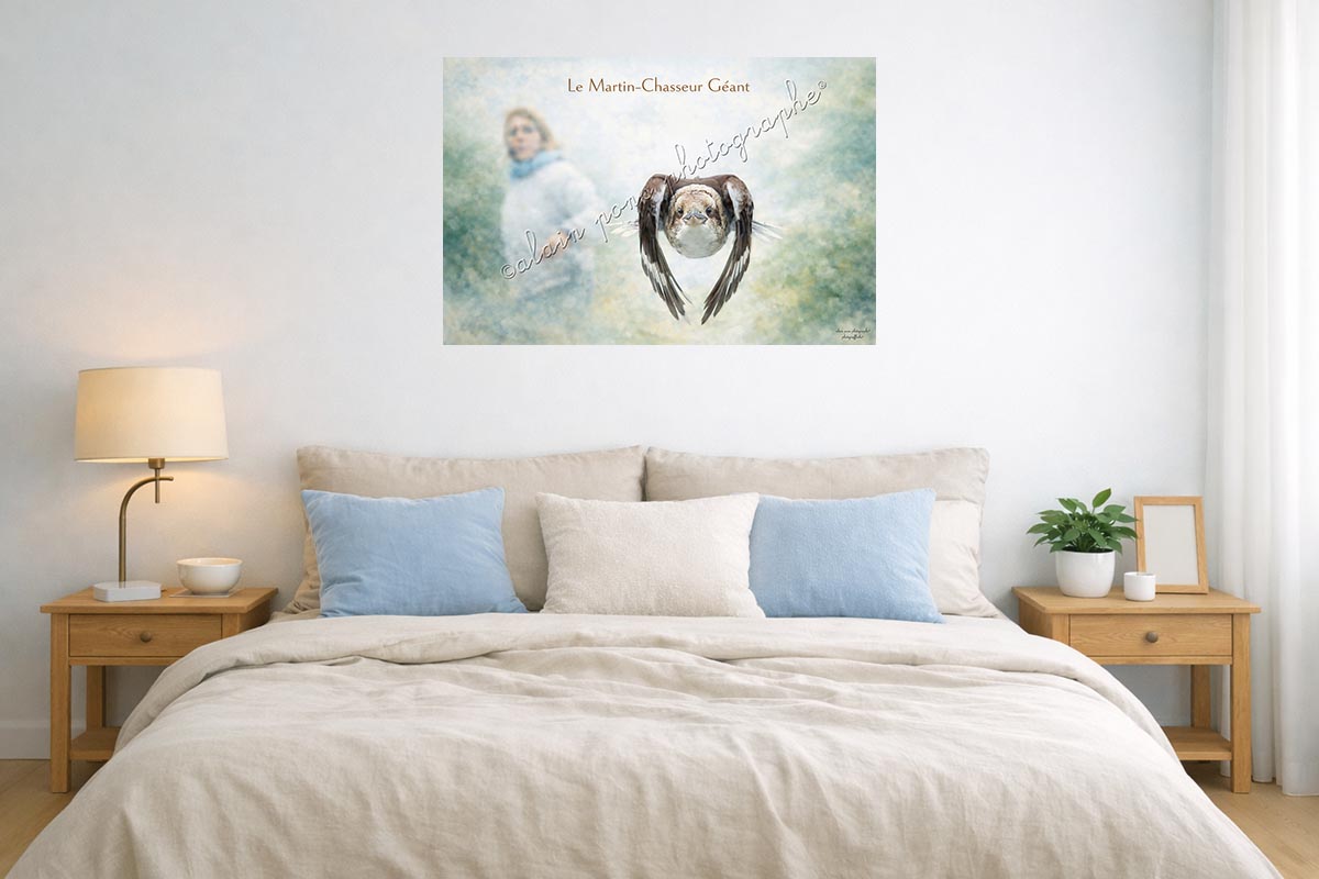 Affiche Vintage Le Martin-Chasseur Géant, ici présentée en suggestion de décoration dans une chambre, accrochée au mur