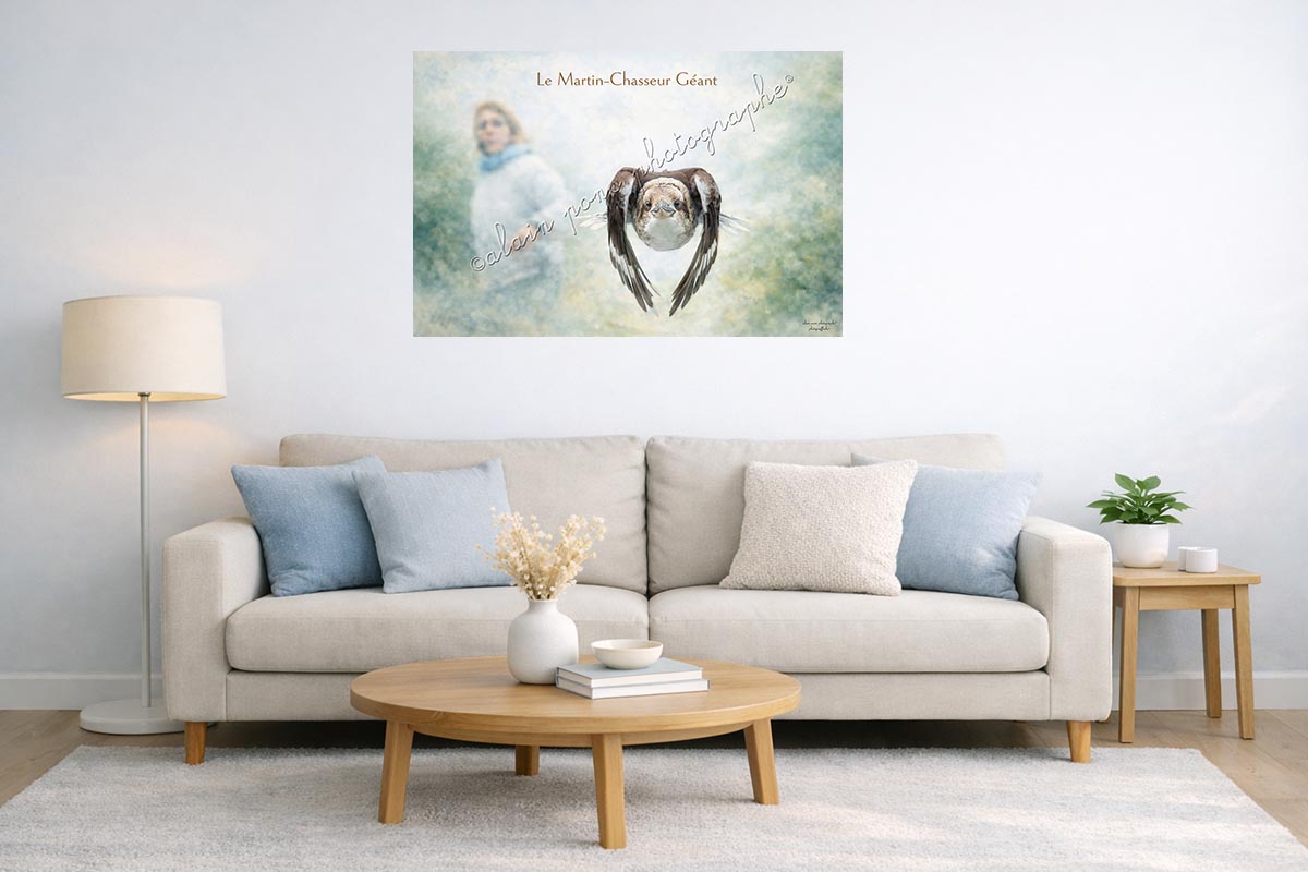 Affiche Vintage Le Martin-Chasseur Géant, ici présentée en suggestion de décoration dans un salon, accrochée au mur