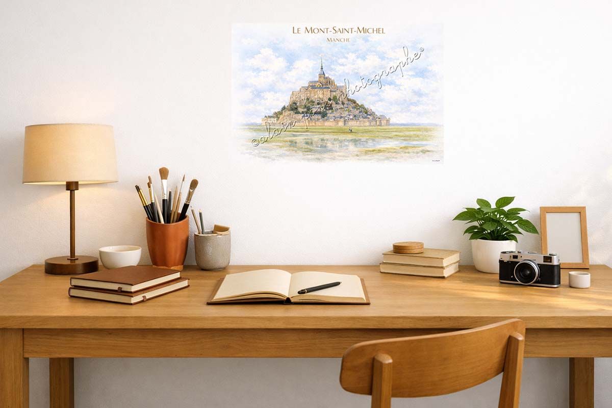 affiche vintage le Mont-Saint-Michel dans la Manche, ici présentée dans un salon.