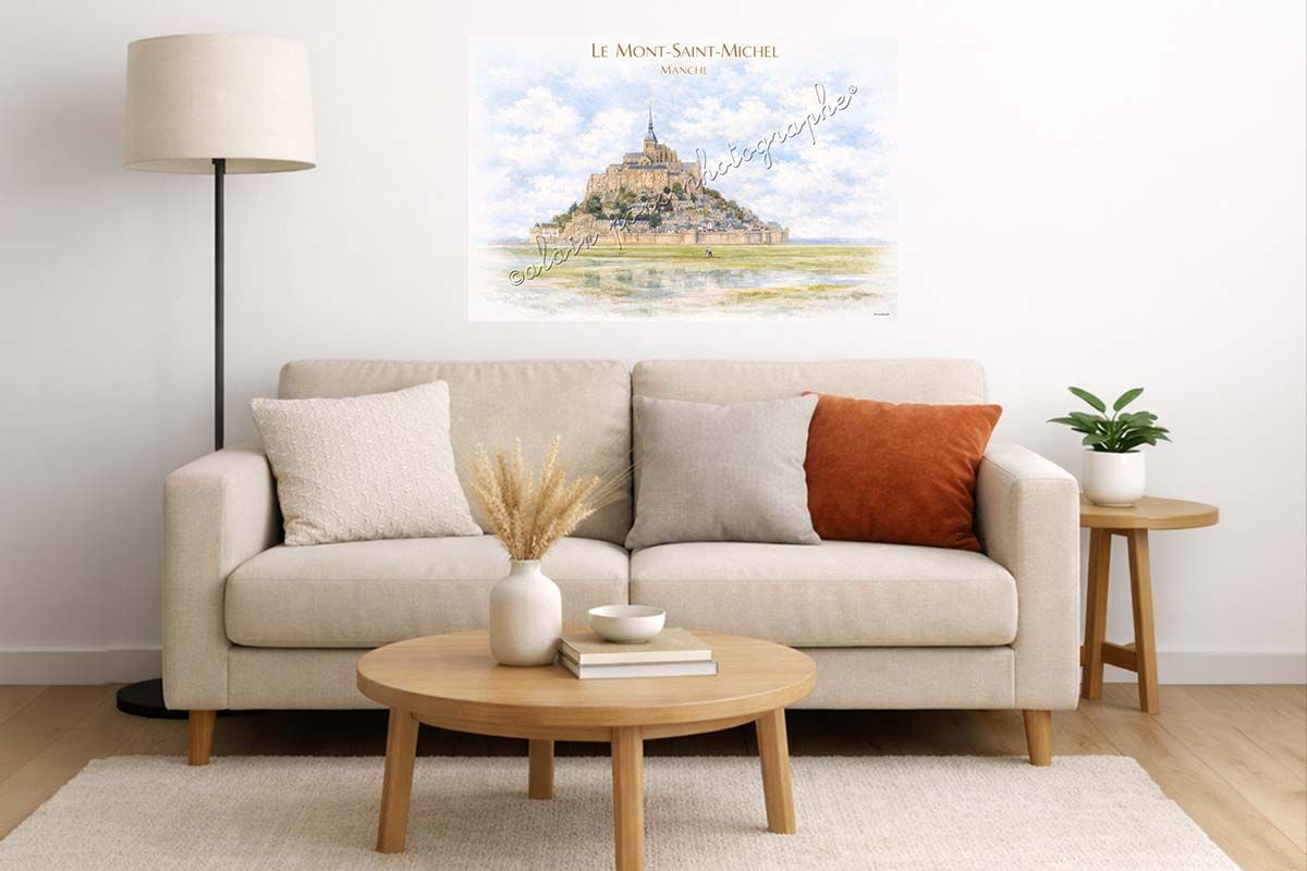 affiche vintage le Mont-Saint-Michel dans la Manche, ici présentée dans un salon