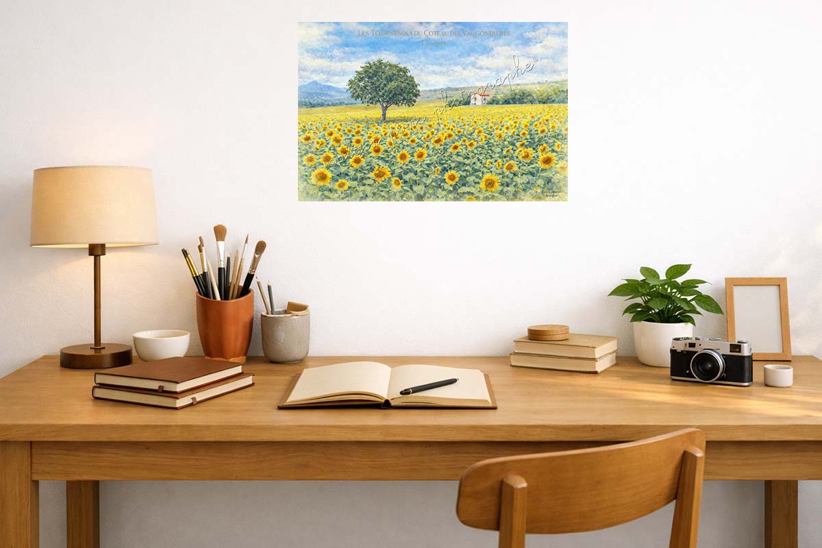affiche vintage les tournesols du Coteau des Vaugondières, ici en idée de décoration dans un bureau.