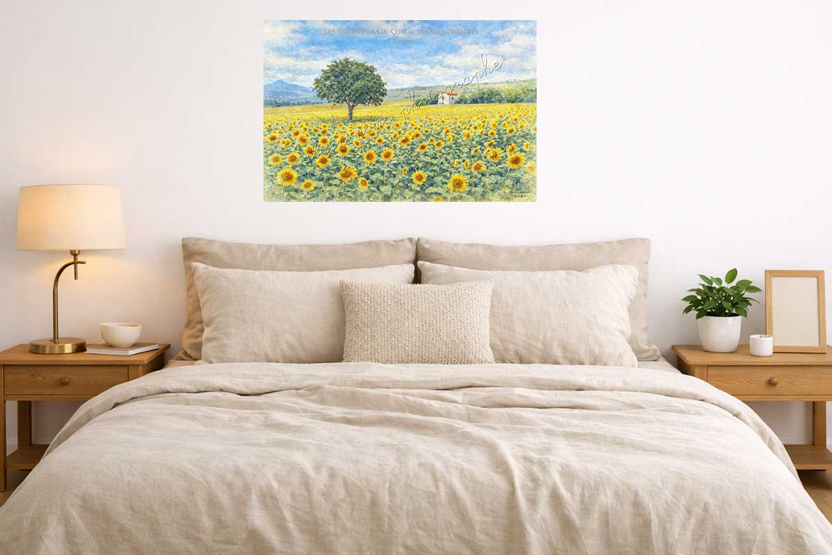 affiche vintage les tournesols du Coteau des Vaugondières, ici en idée de décoration dans une chambre.