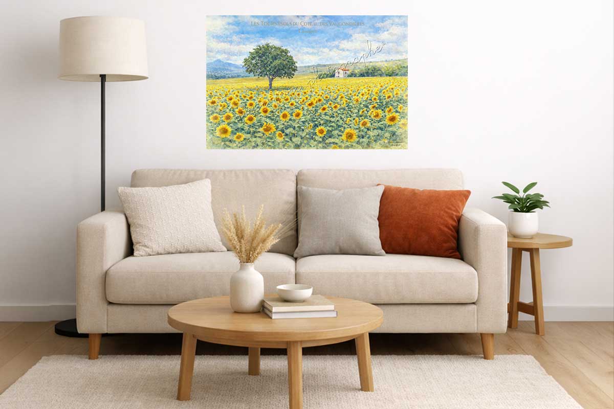 affiche vintage les tournesols du Coteau des Vaugondières, ici en idée de décoration dans un salon.