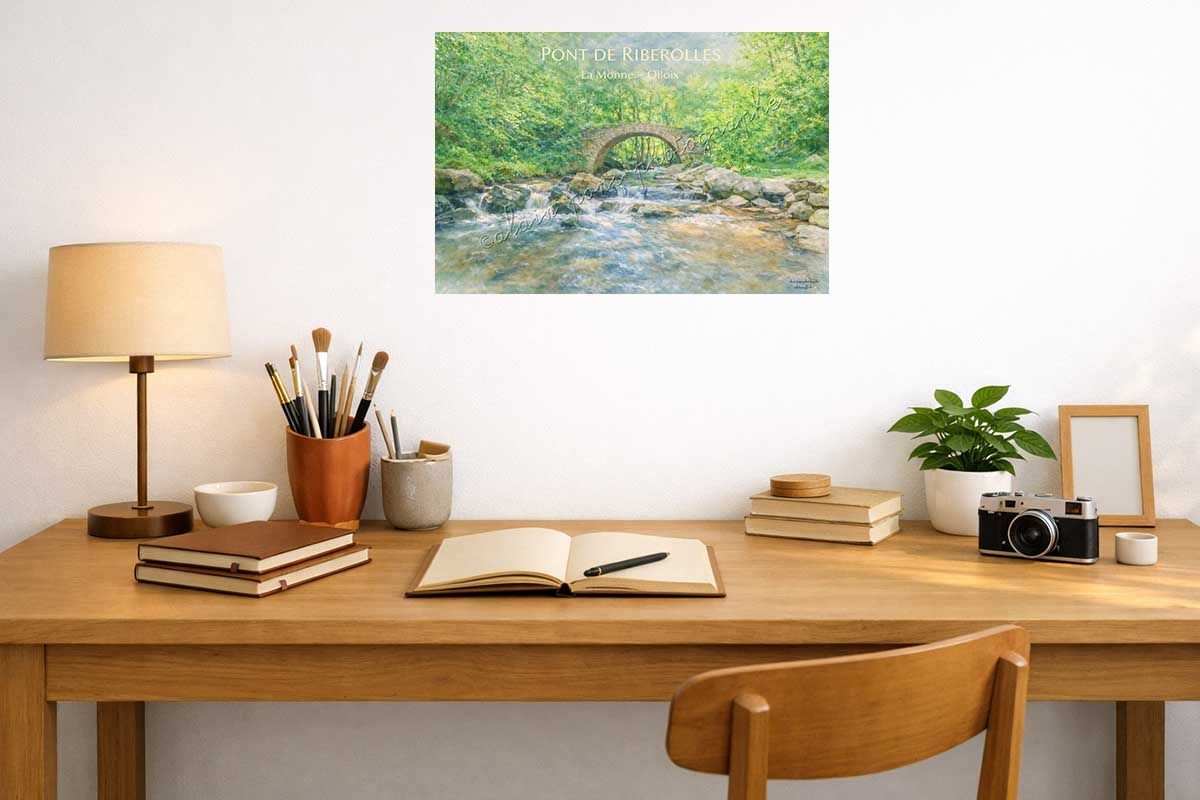 Affiche vintage pont de Riberolles la Monne Olloix présentée ici en idée de décoration dans un bureau.