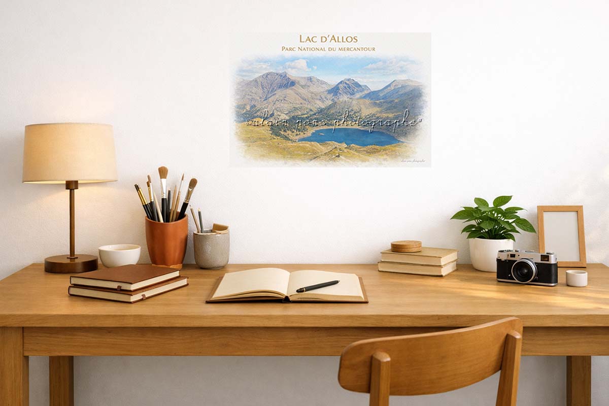 Affiche vintage Lac d'Allos Parc National du Mercantour, ici en présentation dans une chambre, suggestion de décoration.