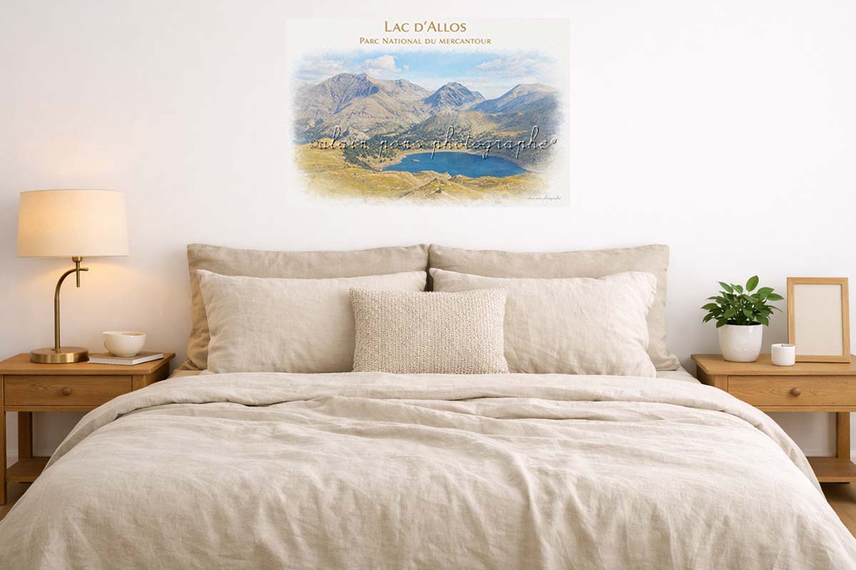 Affiche vintage Lac d'Allos Parc National du Mercantour, ici en présentation dans une chambre