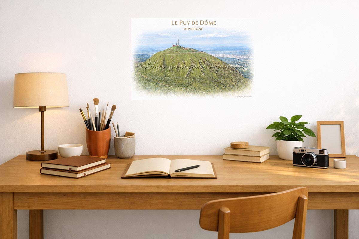 Affiche vintage Le Puy de Dôme Auvergne, présentée ici dans un bureau.