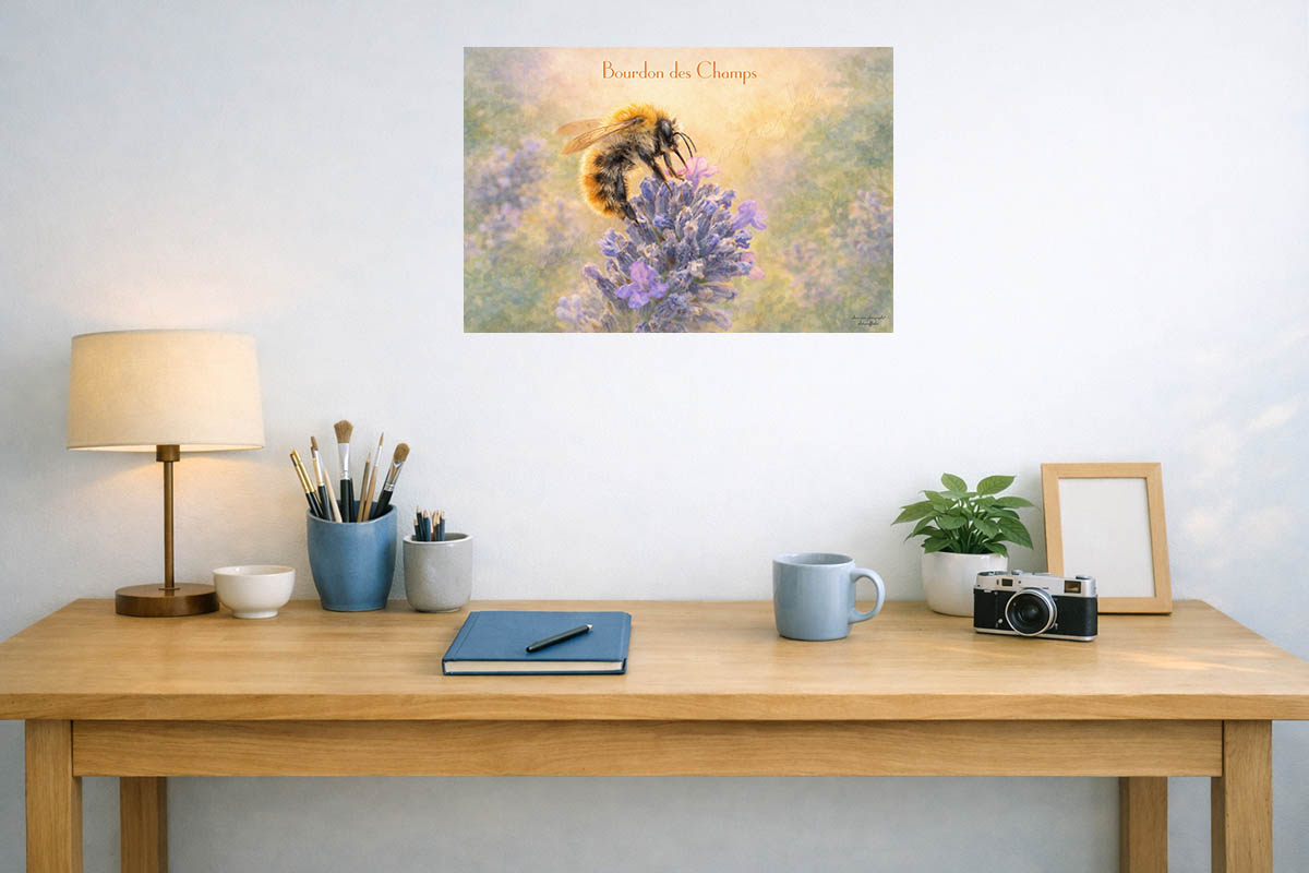 affiche vintage bourdon des champs sur lavande, présentée ici affichée dans un bureau.