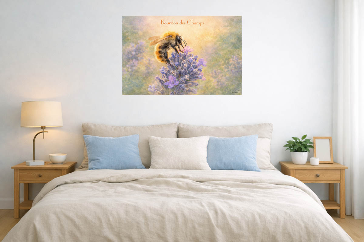 affiche vintage bourdon des champs sur lavande, présentée ici affichée dans une chambre.