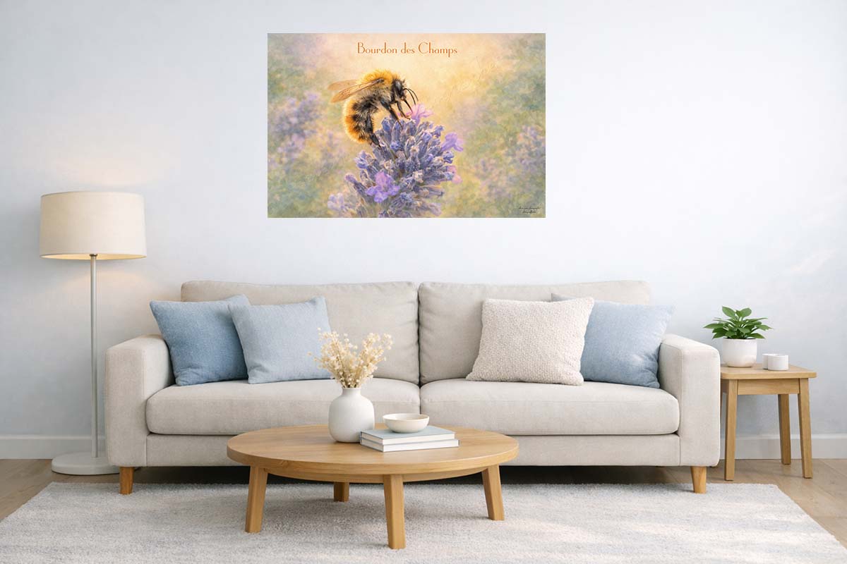 affiche vintage bourdon des champs sur lavande, présentée ici affichée dans un salon