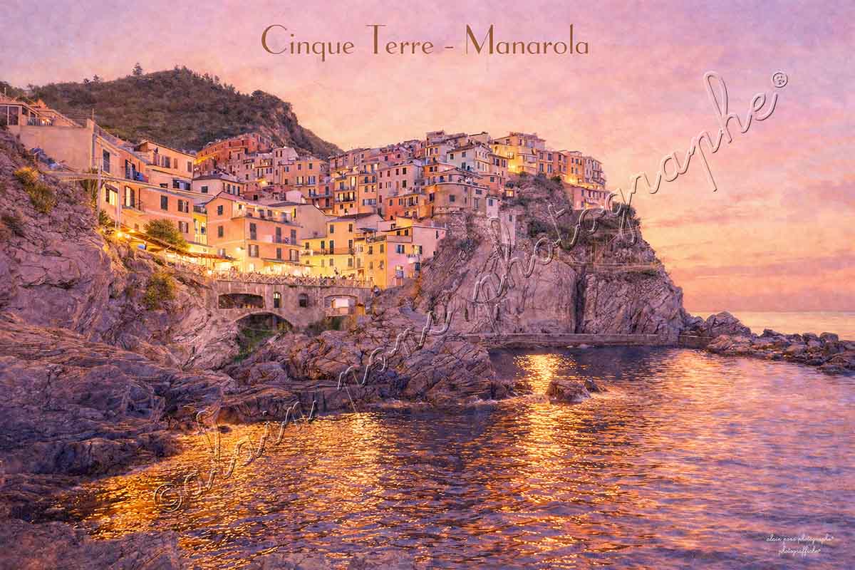affiche vintage Cinque Terre Manarola, Ligurie, Italie
