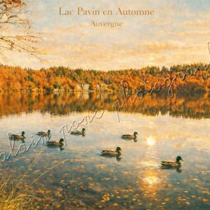 affiche vintage lac Pavin en automne et ses canards