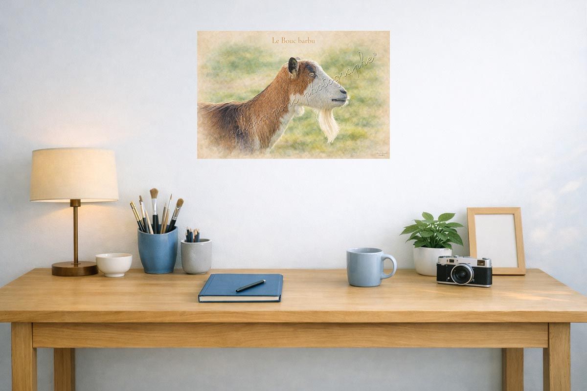 affiche vintage le bouc barbu, présentée ici dans un bureau
