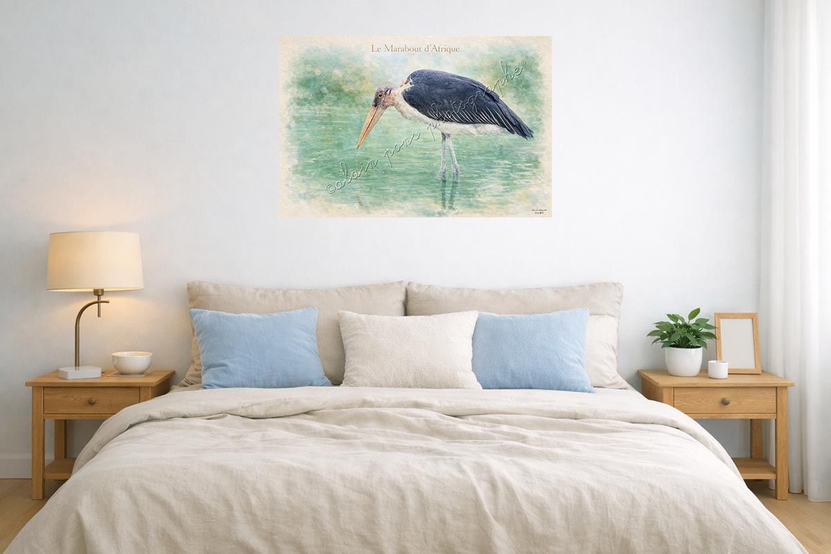 affiche vintage le marabout d'Afrique présentée ici en idée de décoration dans une chambre
