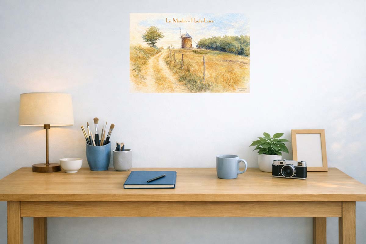 affiche vintage le moulin Haute-Loire, en suggestion de décoration ici dans un bureau