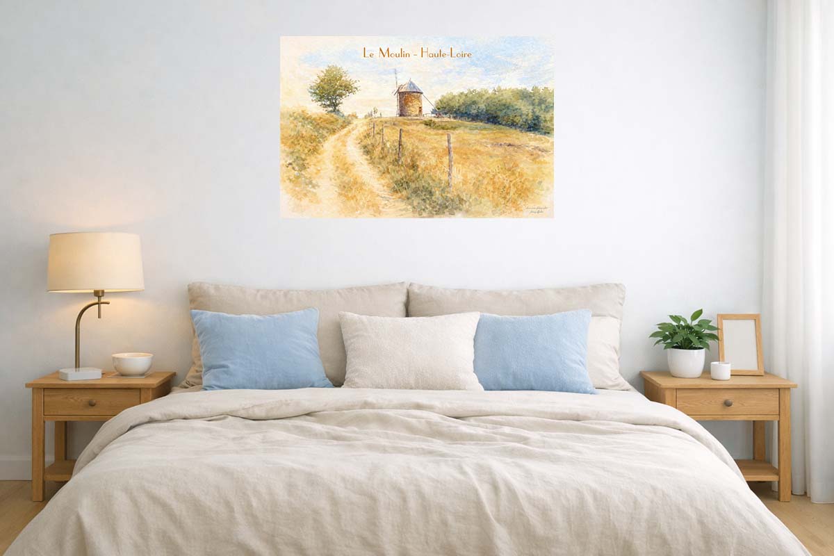 affiche vintage le moulin Haute-Loire, en suggestion de décoration ici dans une chambre