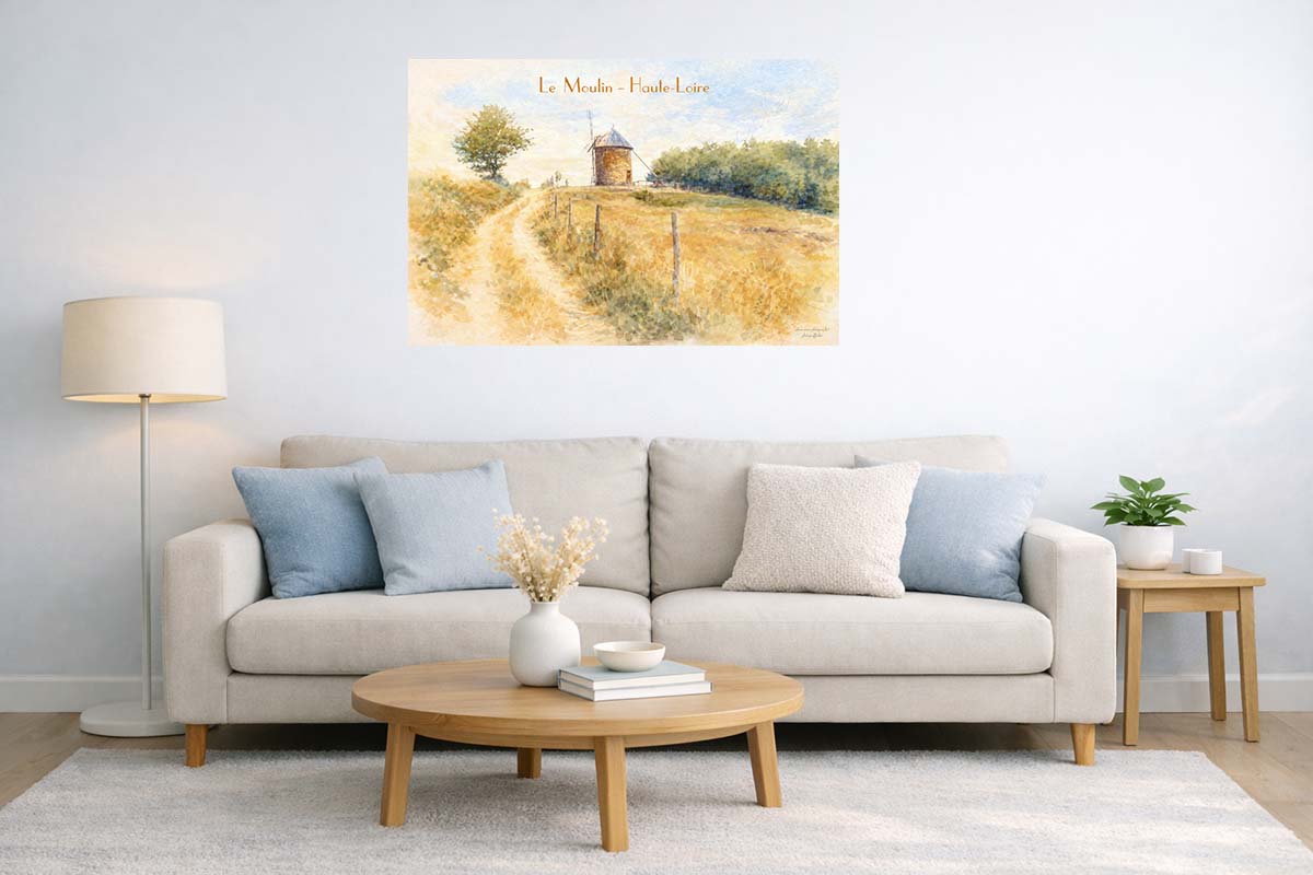 affiche vintage le moulin Haute-Loire, en suggestion de décoration ici dans un salon