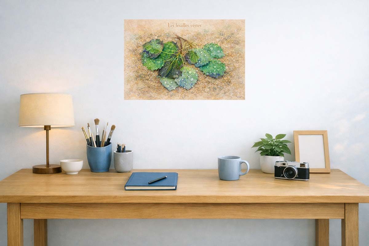 affiche vintage les feuilles vertes, présentée ici en décoration dans un bureau
